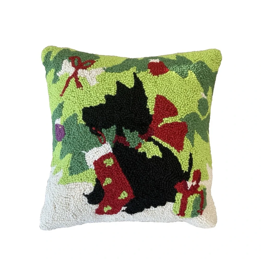 Christmas Scottish Terrier Stocking Wool Hooked Pillow 16x16